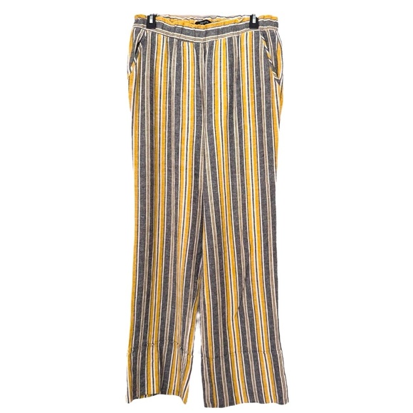 New Look Size Large Yellow/Gray Stripe Elastic Waist Linen Pants with Pockets - Picture 1 of 8